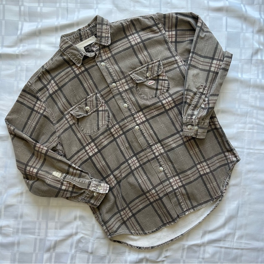 Buffalo Jeans Vintage Brown Corduroy Plaid Print Long Sleeve Button-Up Shirt